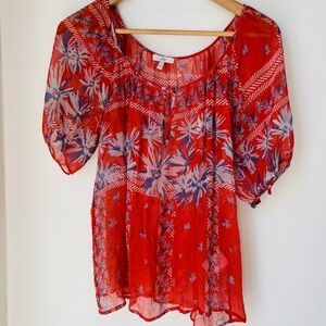 Joie Coral and Lavender Floral sheer Blouse